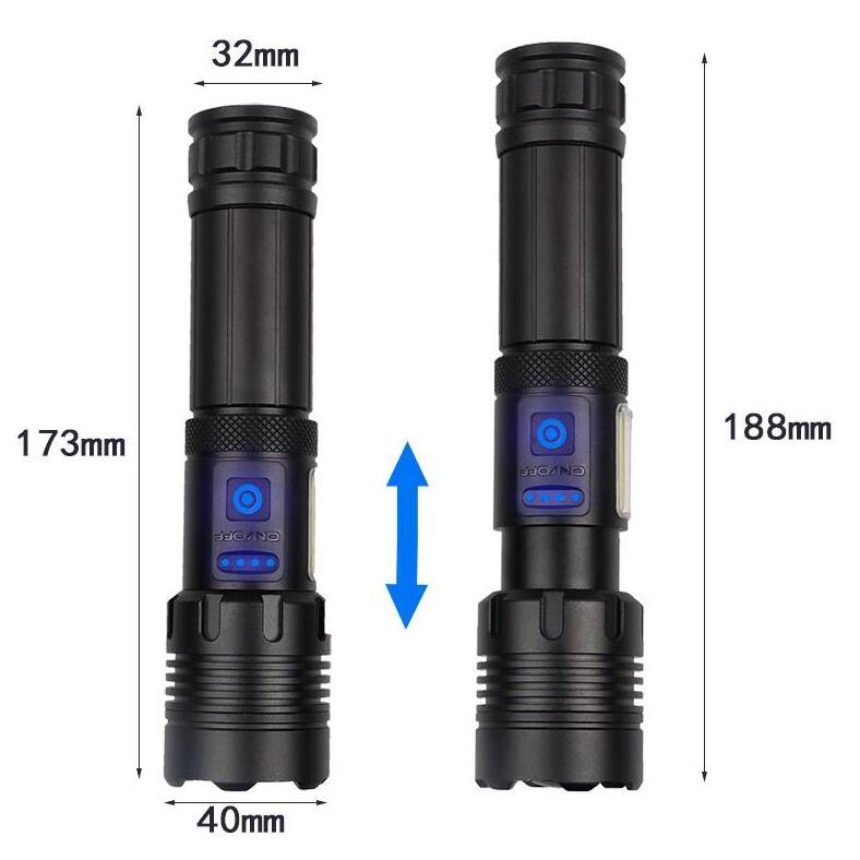 Waterproof Bright Camping Light USB Rechargeable Battery Zoom Aluminum Alloy Tactical Torch XHP70 LED COB Flashlight