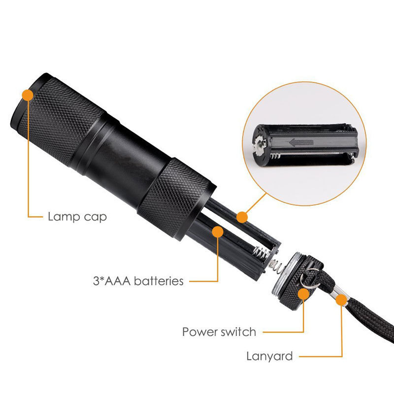 Hot Sale 395nm UV 9 Led Hunting 3*aaa Battery Flashlight Mini Ultra Violet Led Torch Blacklight