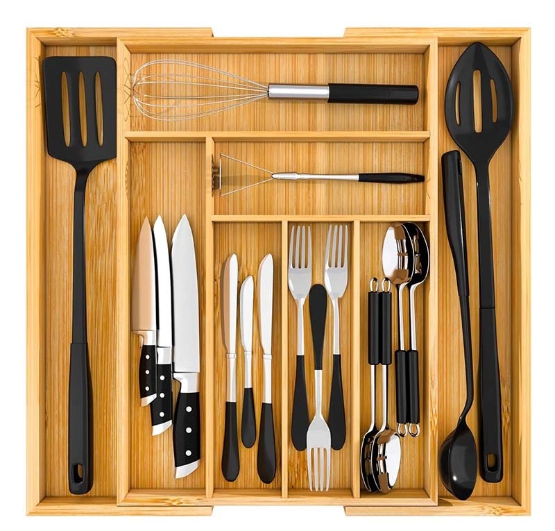 Customized Perfect Kitchen Wood Drawer Dividers Organizer Expandable Bamboo Kitchen Drawer Organizer for Cutlery and Utensils