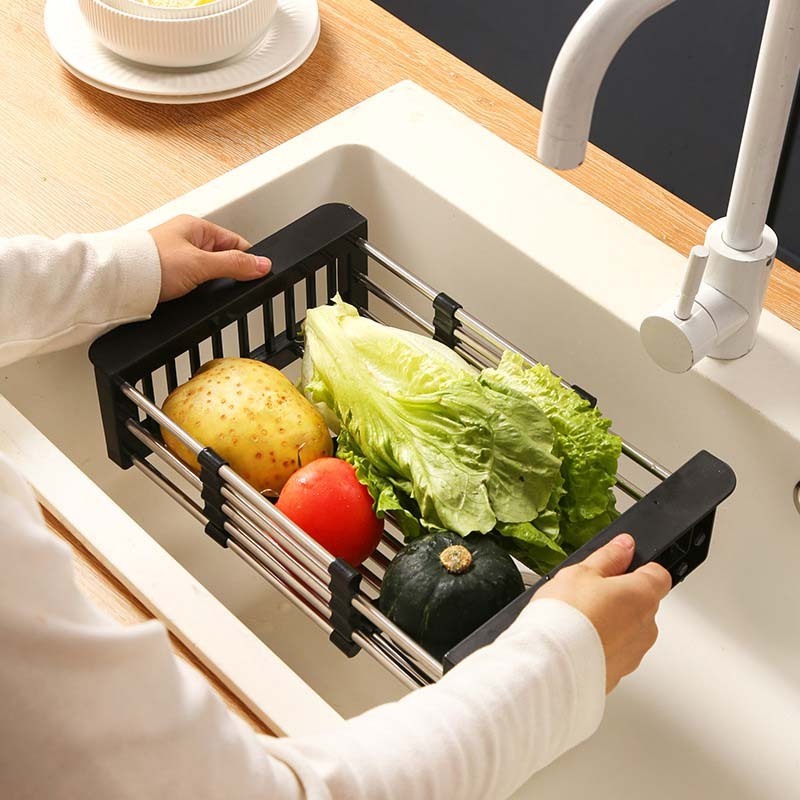 Wholesale Low MOQ Multifunctional Expandable Stainless Steel Sink Washing Fruit Drain Basket Rack