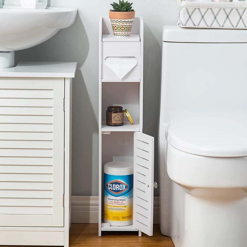 Standing Toilet Paper Storage Cabinet Shelf with Door Beside Toilet for Small Space Bathroom with Toilet Roll Holder