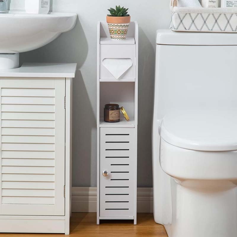 Standing Toilet Paper Storage Cabinet Shelf with Door Beside Toilet for Small Space Bathroom with Toilet Roll Holder