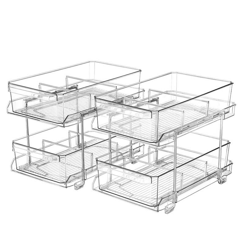 Multi-Purpose 2-Tier Clear Organizer with Sliding Storage Drawers with Handles and Dividers for Kitchen Under Sink Bathroom