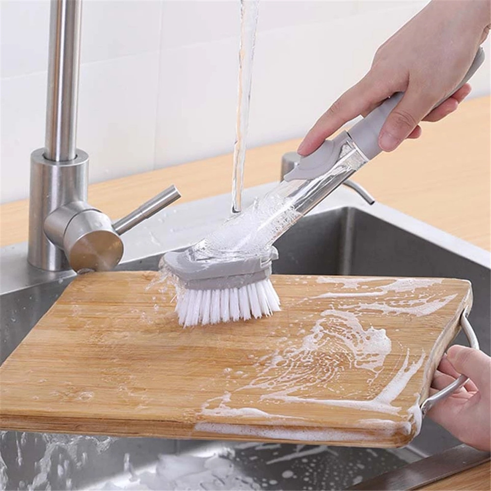 Refillable Liquid Cleaning Brush with Sponge Removable Brush Head Long Handle Plastic Cleaner Brush With Dish Soap Dispenser kit