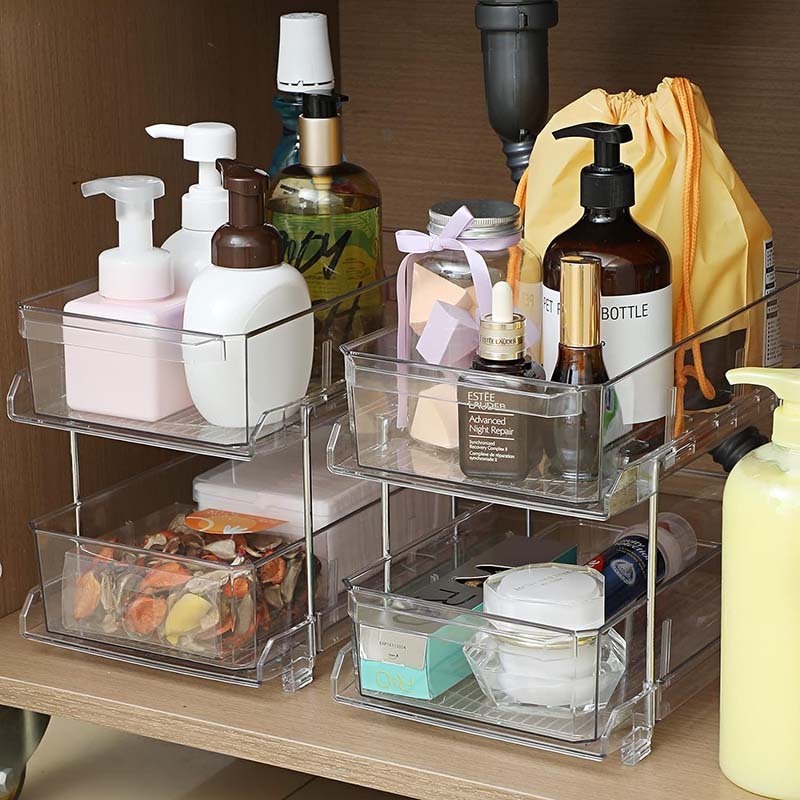 Multi-Purpose 2-Tier Clear Organizer with Sliding Storage Drawers with Handles and Dividers for Kitchen Under Sink Bathroom