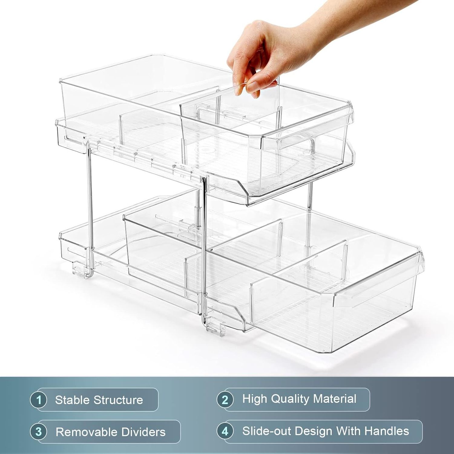 Multi-Purpose 2-Tier Clear Organizer with Sliding Storage Drawers with Handles and Dividers for Kitchen Under Sink Bathroom