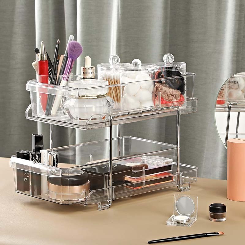 Multi-Purpose 2-Tier Clear Organizer with Sliding Storage Drawers with Handles and Dividers for Kitchen Under Sink Bathroom