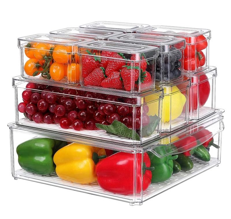 Upgraded 10 Pack Plastic Fridge Organizer Bins Stackable with Lids and Drain Tray