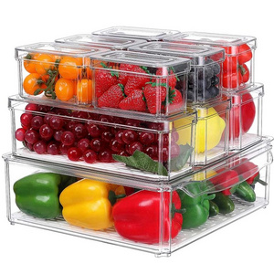 Upgraded 10 Pack Plastic Fridge Organizer Bins Stackable with Lids and Drain Tray