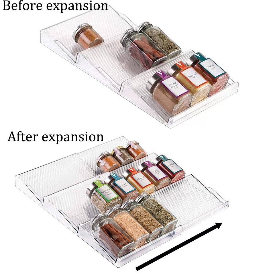 2023 Newest Kitchen Cabinet Drawers 3 Tier Expandable Spice Rack Shelf Organizer