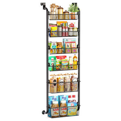 6-Tier Mesh Basket Hanging Wall Mounted Pantry Door Organizer Over the Door Spice Rack with Adjustable Hooks for Kitchen Bathro