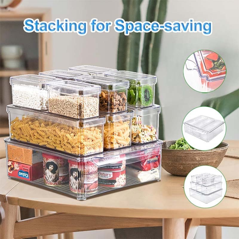 Upgraded 10 Pack Plastic Fridge Organizer Bins Stackable with Lids and Drain Tray