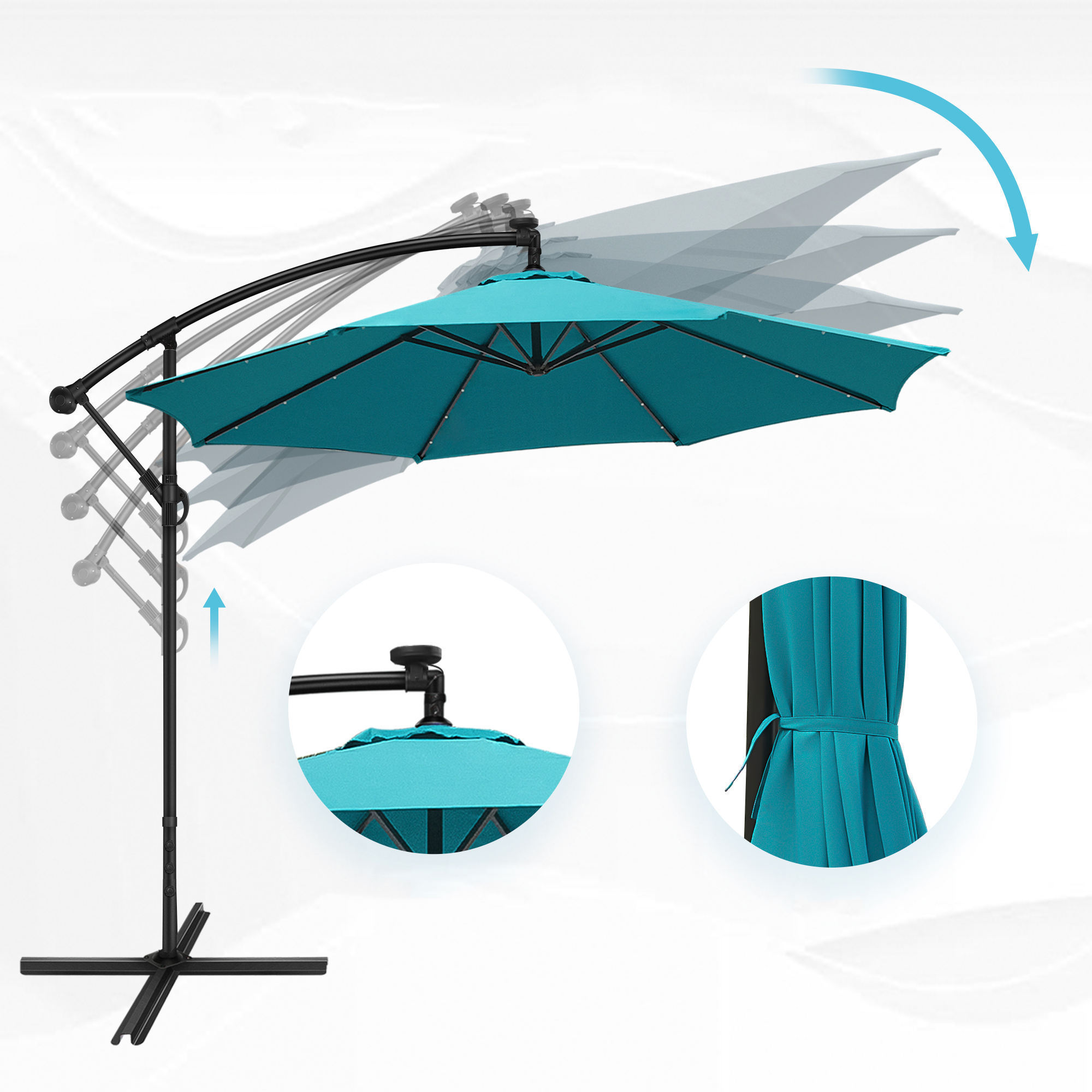 Lighted Cantilever Umbrella Patio Umbrellas Outdoor Furniture Weather Resistant Polyester Fabric Steel Frame Modern Umbrella Led