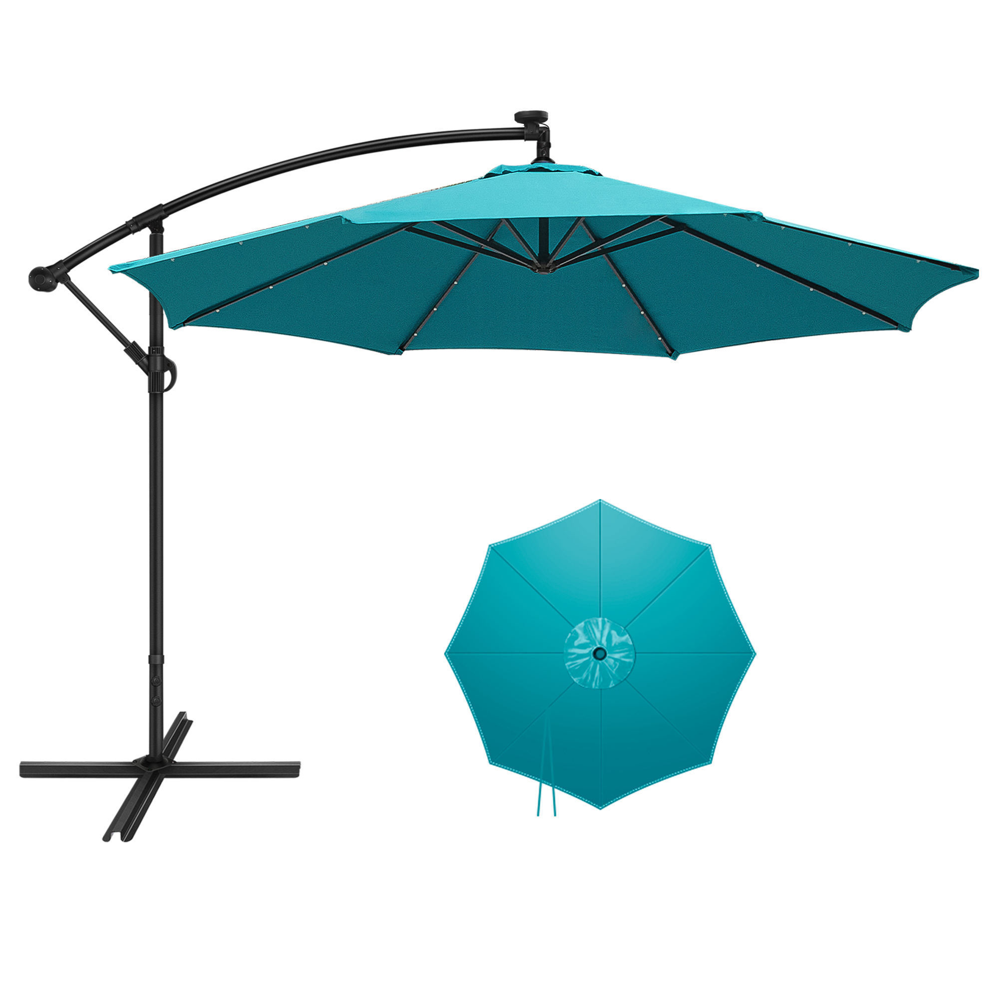 Lighted Cantilever Umbrella Patio Umbrellas Outdoor Furniture Weather Resistant Polyester Fabric Steel Frame Modern Umbrella Led