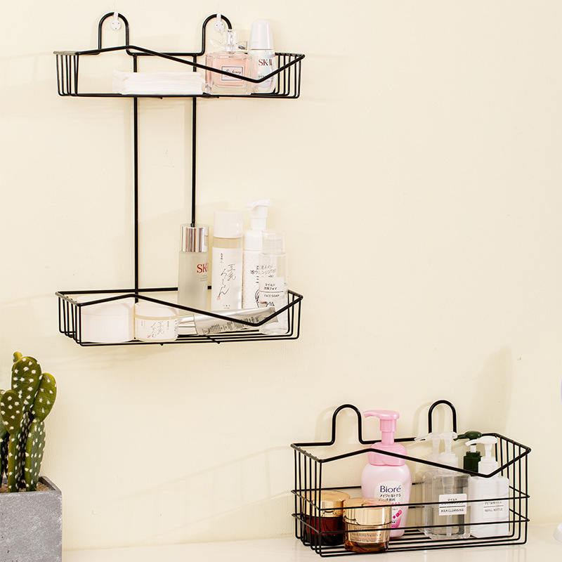 Metal Wall-Mounted Bathroom Organizer Double Shelves Floating Shelf Shower Hanging Basket Shampoo Holder WC Kitchen Spice