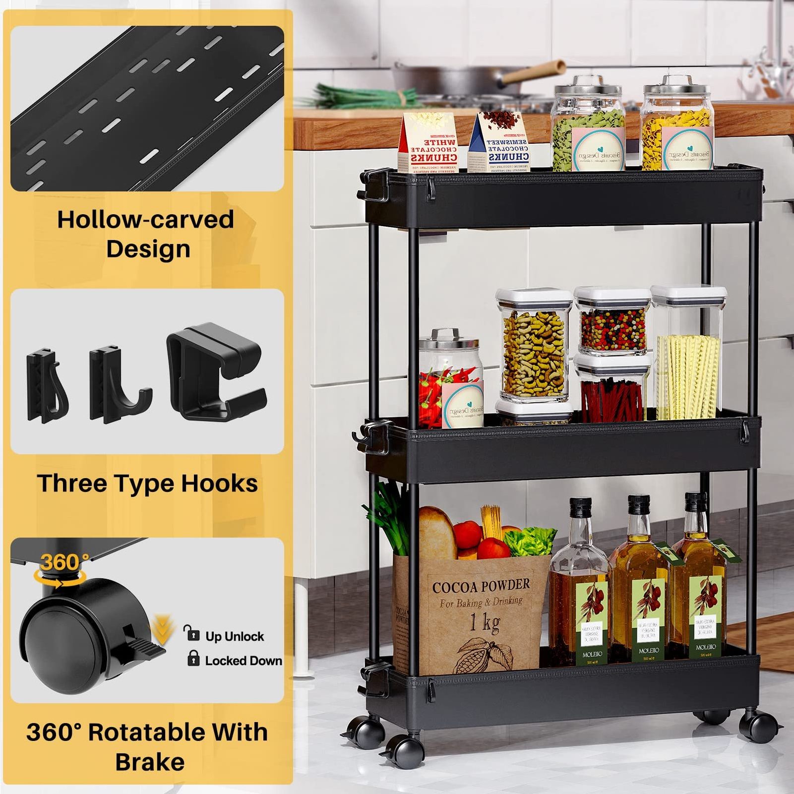 3 Tier Gap Narrow Space Slim Bathroom Kitchen Plastic Storage Rolling Cart Trolley Utility Rack Shelf Organizer