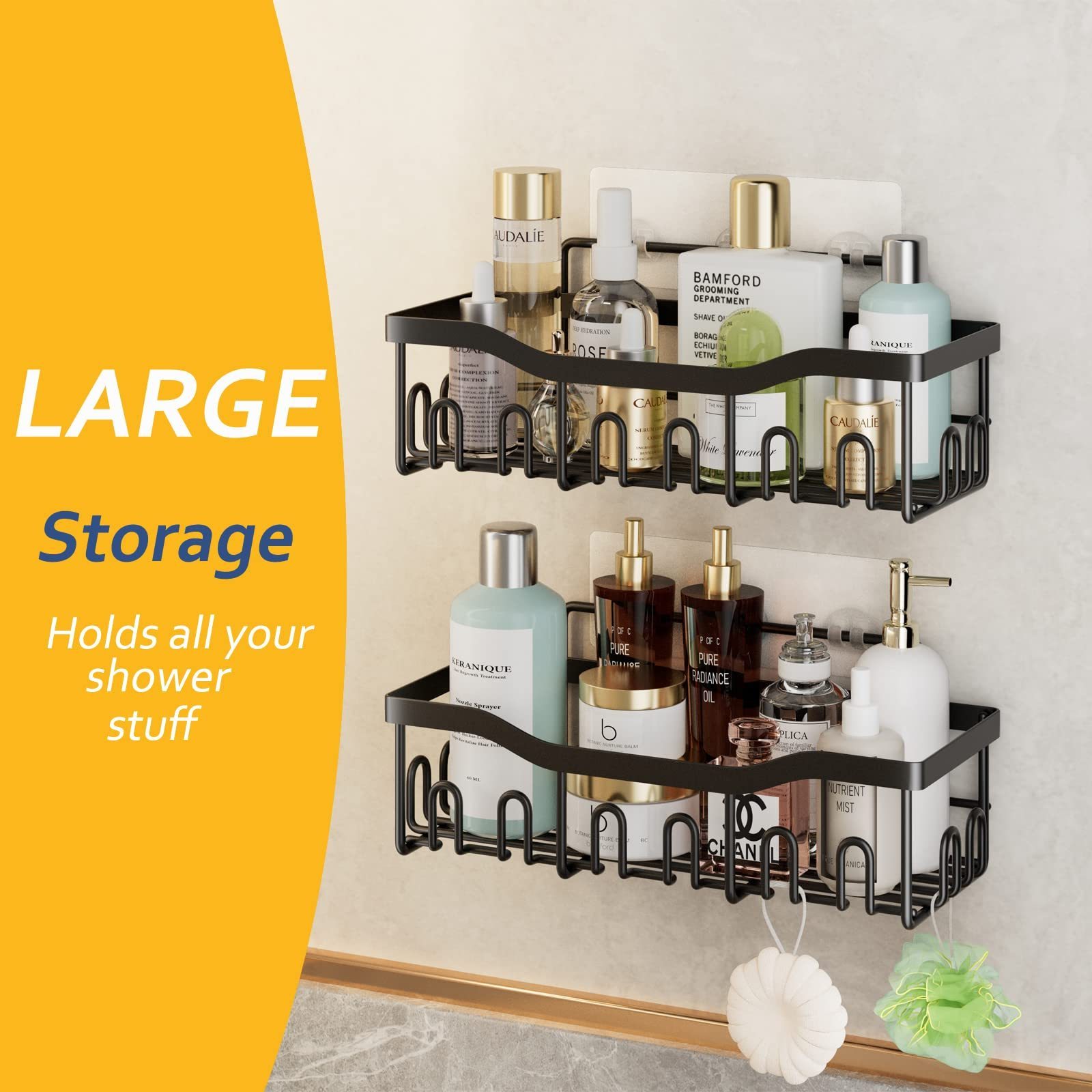 New Design Wall Mounted Shower Caddy Shelf Rack Black Self Adhesive Bathroom Storage Organizer