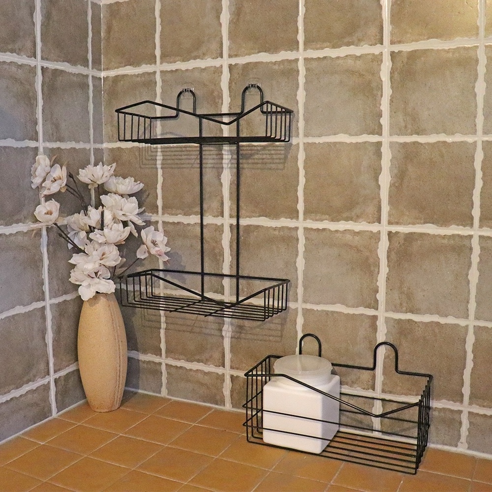 Metal Wall-Mounted Bathroom Organizer Double Shelves Floating Shelf Shower Hanging Basket Shampoo Holder WC Kitchen Spice