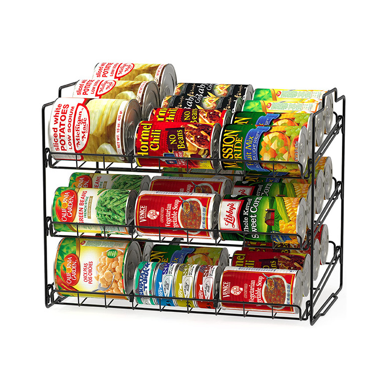 High Quality Hot Selling Black Kitchen Pantry Organizer Iron Wire Stackable Snack Can Food Storage Display Rack