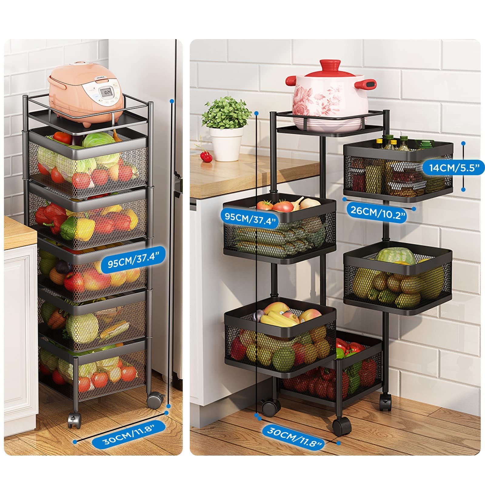 Kitchen Bathroom Rotating Fruit Vegetable Storage Basket 5 Tier Movable Square Storage Shelf Rack with Wheels