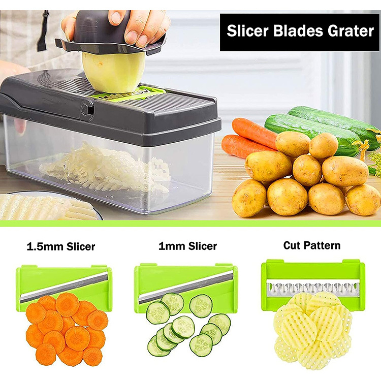 Best-Selling 14 in 1 Manual Handheld Vegetable Chopper Multifunctional Onion Cutter Fruits Slicer Potatoes Peeler Plastic Blades