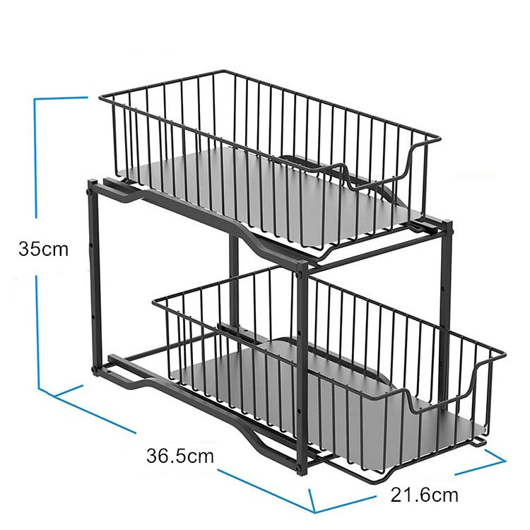 Stackable 2-Tier Black Metal Kitchen Rack under Sink Cabinet Organizer with Sliding Storage Basket Drawer