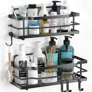 Metal No Drilling Wall Mounted Storage Bathroom Towel Organizer Adhesive Shower Caddy Soap Rack Shelf with Hook