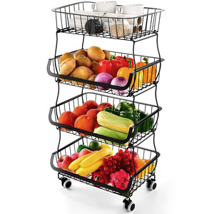 Black 4-Tier Stackable Metal Wire Fruit Storage Basket Trolley Cart with Wheels Kitchen Organizer Rack Pantry Vegetable Shelf