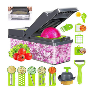 Best-Selling 14 in 1 Manual Handheld Vegetable Chopper Multifunctional Onion Cutter Fruits Slicer Potatoes Peeler Plastic Blades