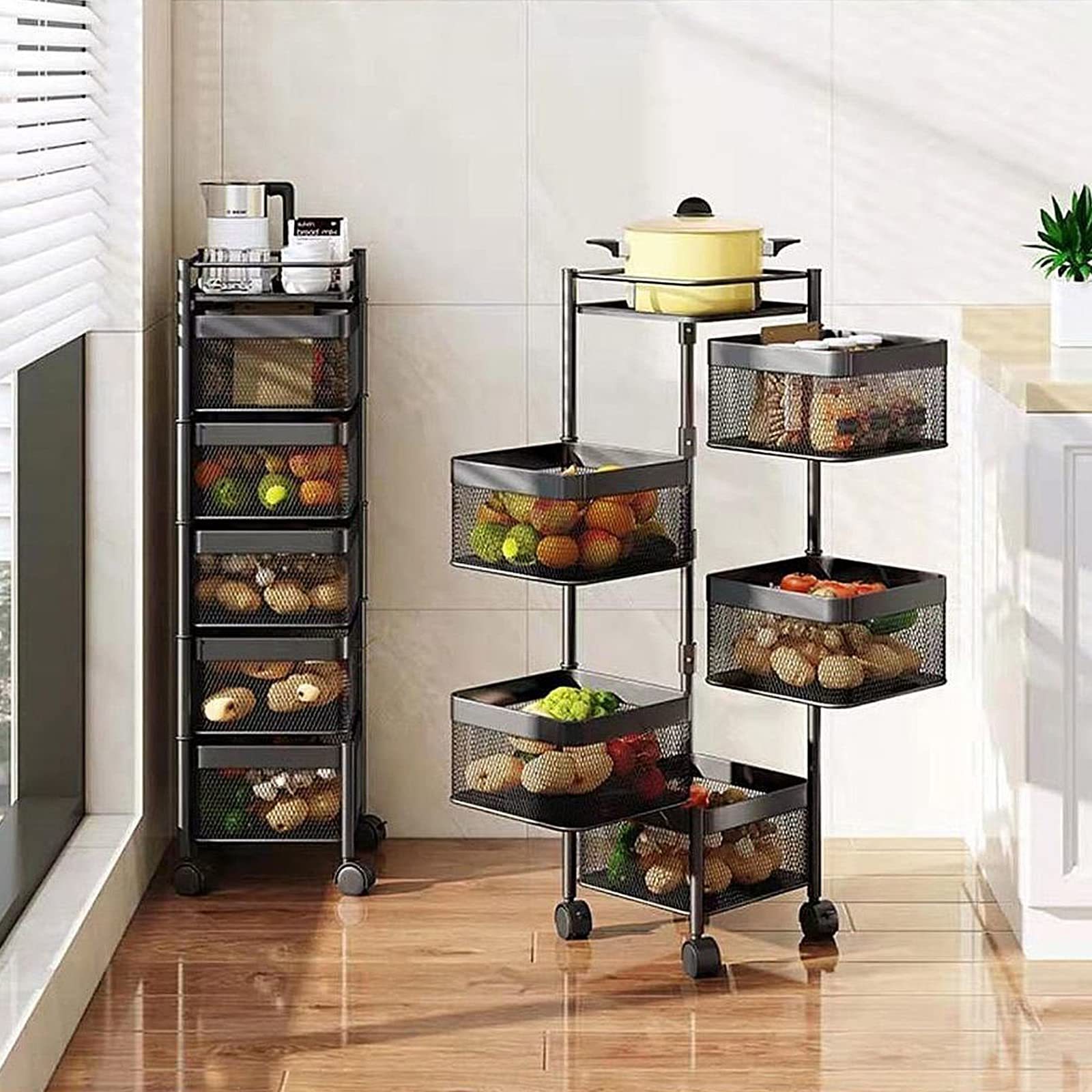 Kitchen Bathroom Rotating Fruit Vegetable Storage Basket 5 Tier Movable Square Storage Shelf Rack with Wheels