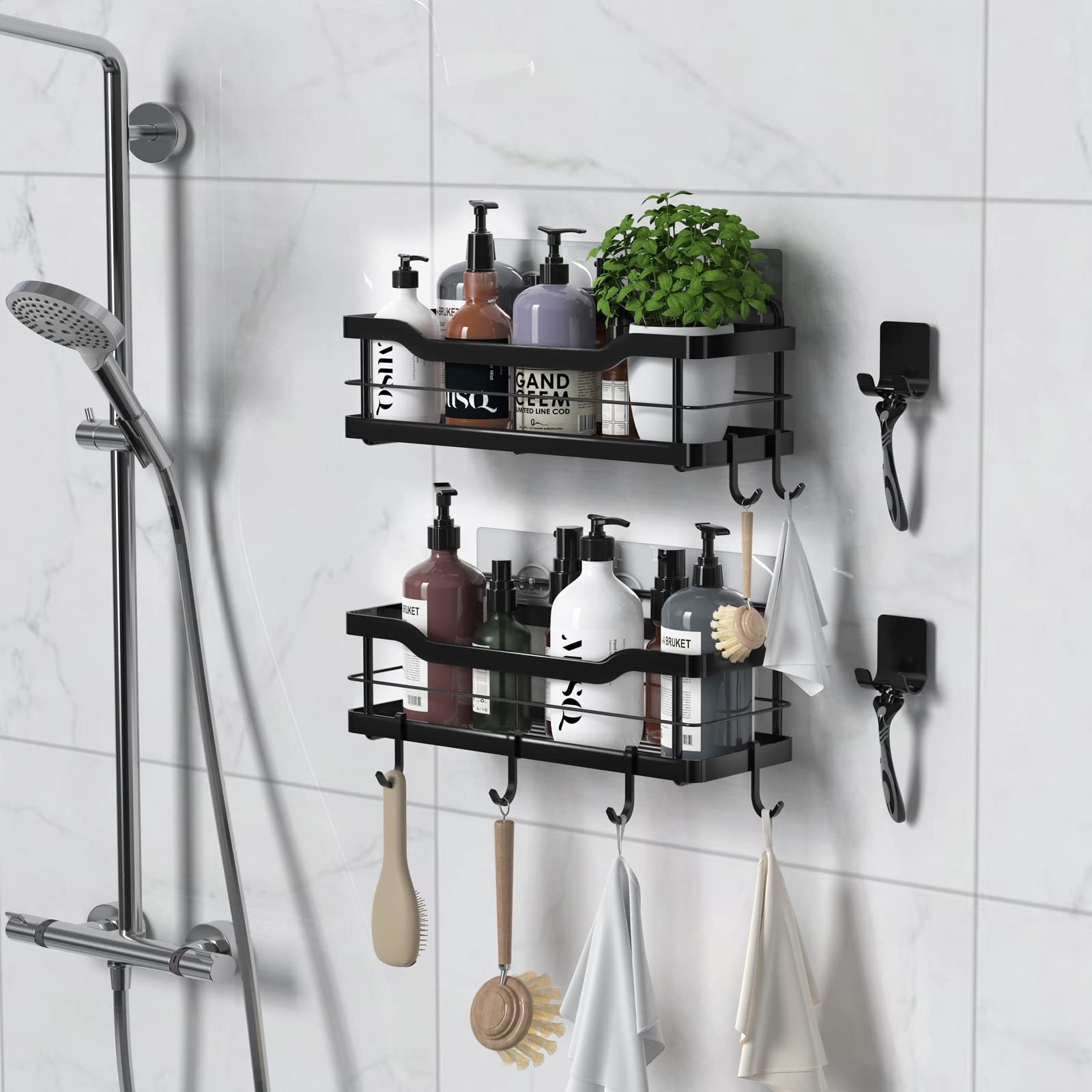 Metal No Drilling Wall Mounted Storage Bathroom Towel Organizer Adhesive Shower Caddy Soap Rack Shelf with Hook