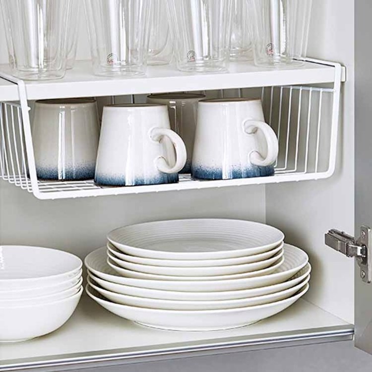 Under Cabinet Basket Shelf White Storage Hanging Basket Organizer for Kitchen Pantry Desk Bookshelf