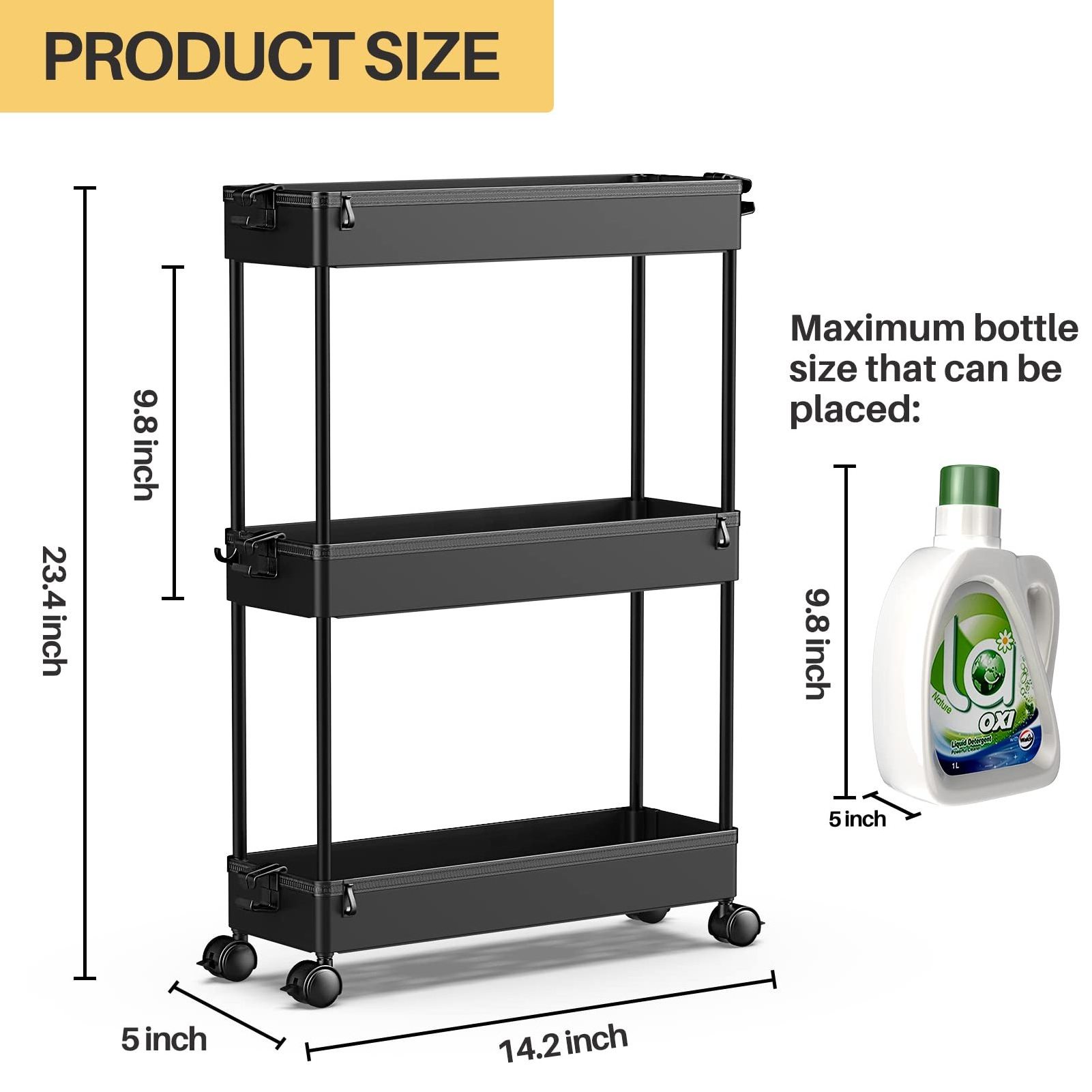 3 Tier Gap Narrow Space Slim Bathroom Kitchen Plastic Storage Rolling Cart Trolley Utility Rack Shelf Organizer