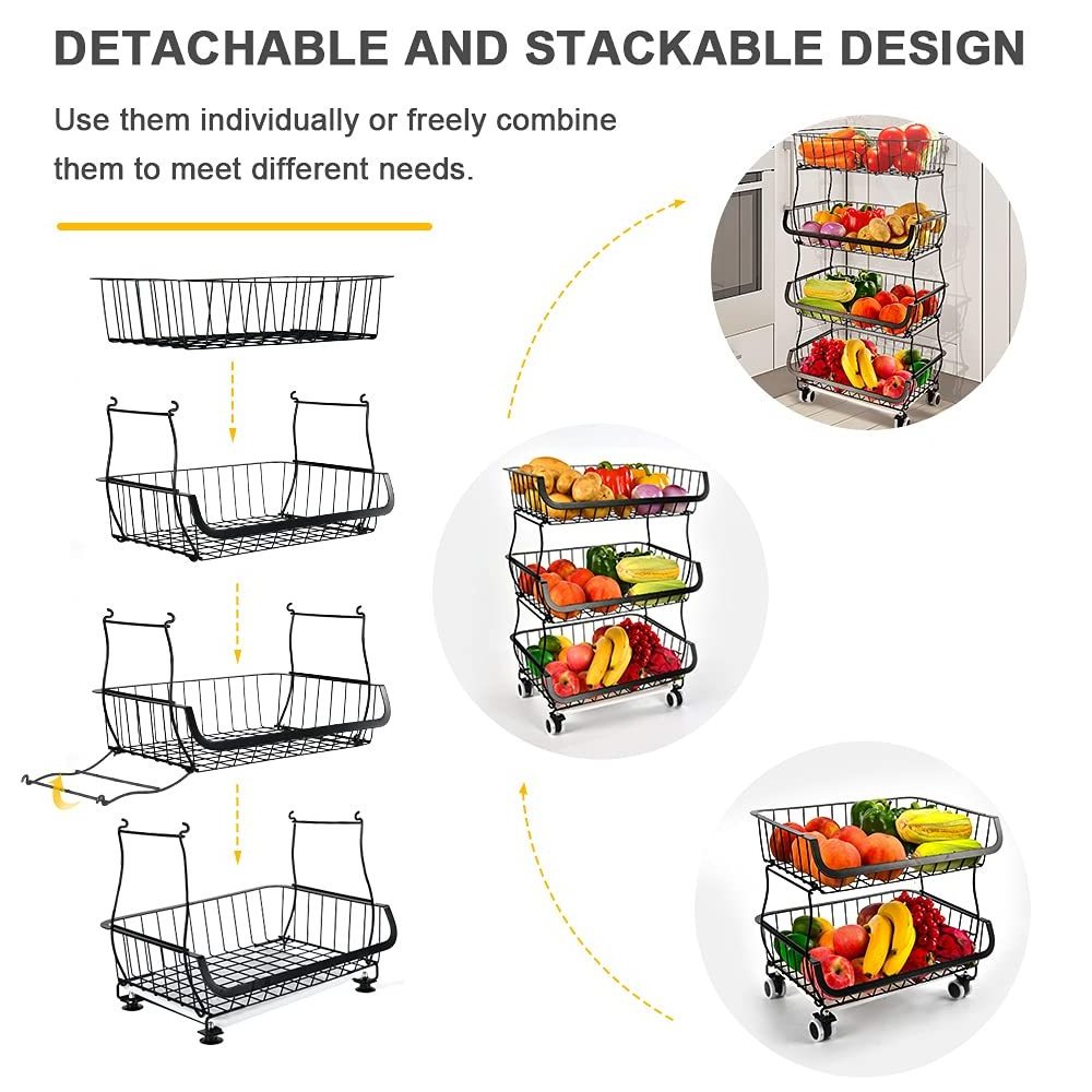 Black 4-Tier Stackable Metal Wire Fruit Storage Basket Trolley Cart with Wheels Kitchen Organizer Rack Pantry Vegetable Shelf