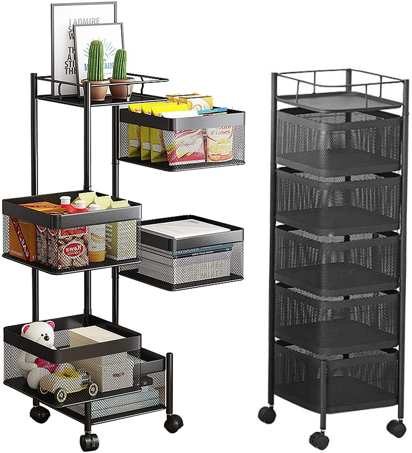 Kitchen Bathroom Rotating Fruit Vegetable Storage Basket 5 Tier Movable Square Storage Shelf Rack with Wheels