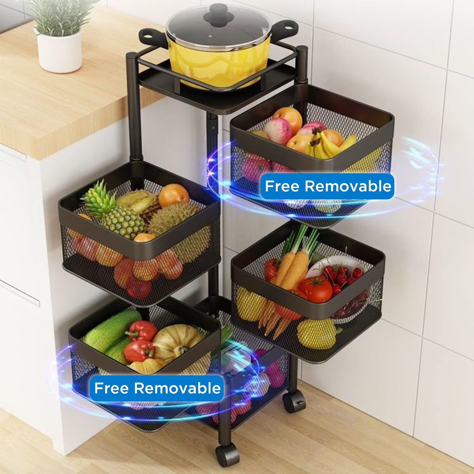 Kitchen Bathroom Rotating Fruit Vegetable Storage Basket 5 Tier Movable Square Storage Shelf Rack with Wheels