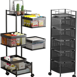 Kitchen Bathroom Rotating Fruit Vegetable Storage Basket 5 Tier Movable Square Storage Shelf Rack with Wheels