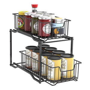 Stackable 2-Tier Black Metal Kitchen Rack under Sink Cabinet Organizer with Sliding Storage Basket Drawer