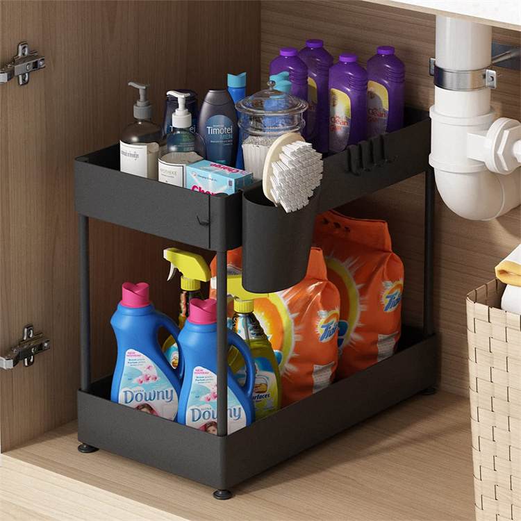 Multi-purpose Bathroom Kitchen Cabinet Plastic Storage Rack Pull Out 2 Tier Under Sink Shelf Organizer Baskets with Hooks