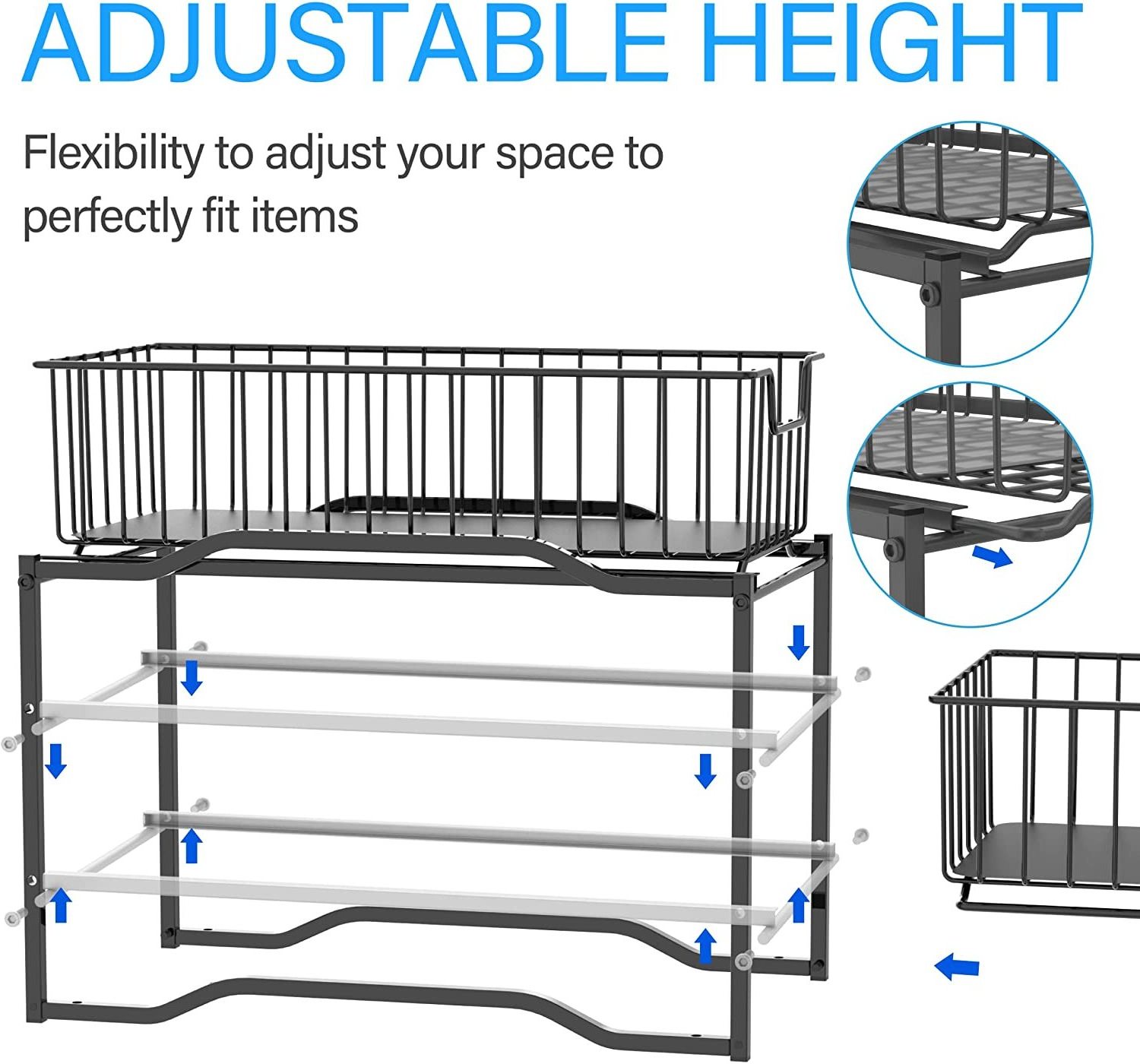 Stackable 2-Tier Black Metal Kitchen Rack under Sink Cabinet Organizer with Sliding Storage Basket Drawer