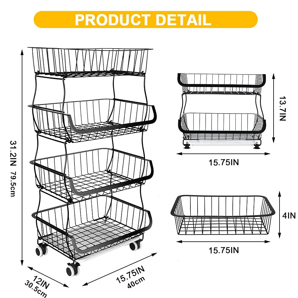 Black 4-Tier Stackable Metal Wire Fruit Storage Basket Trolley Cart with Wheels Kitchen Organizer Rack Pantry Vegetable Shelf