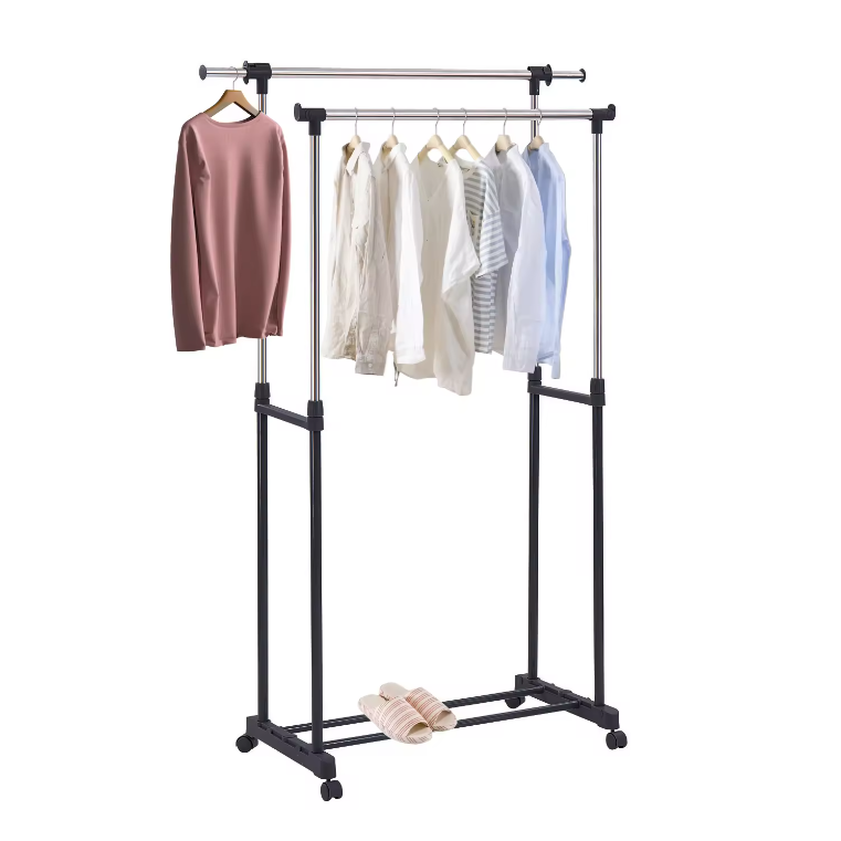 Double Pole Landing Movable Storage Clothes Hanger Metal Stainless Clothes Standing Coat Drying Rack