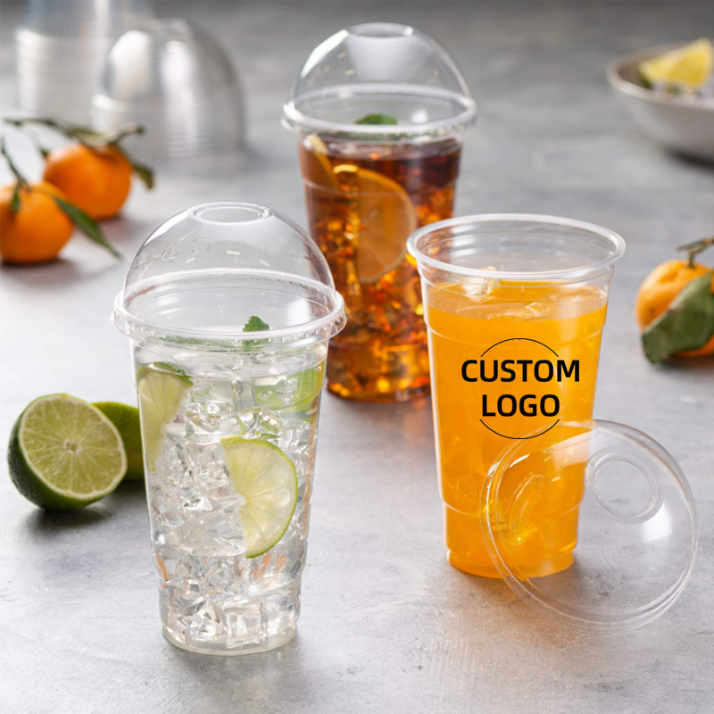 Custom Logo Printed Disposable Crystal Clear PP PET Juice Lemonade Coffee Smoothie Plastic Cups With Lids