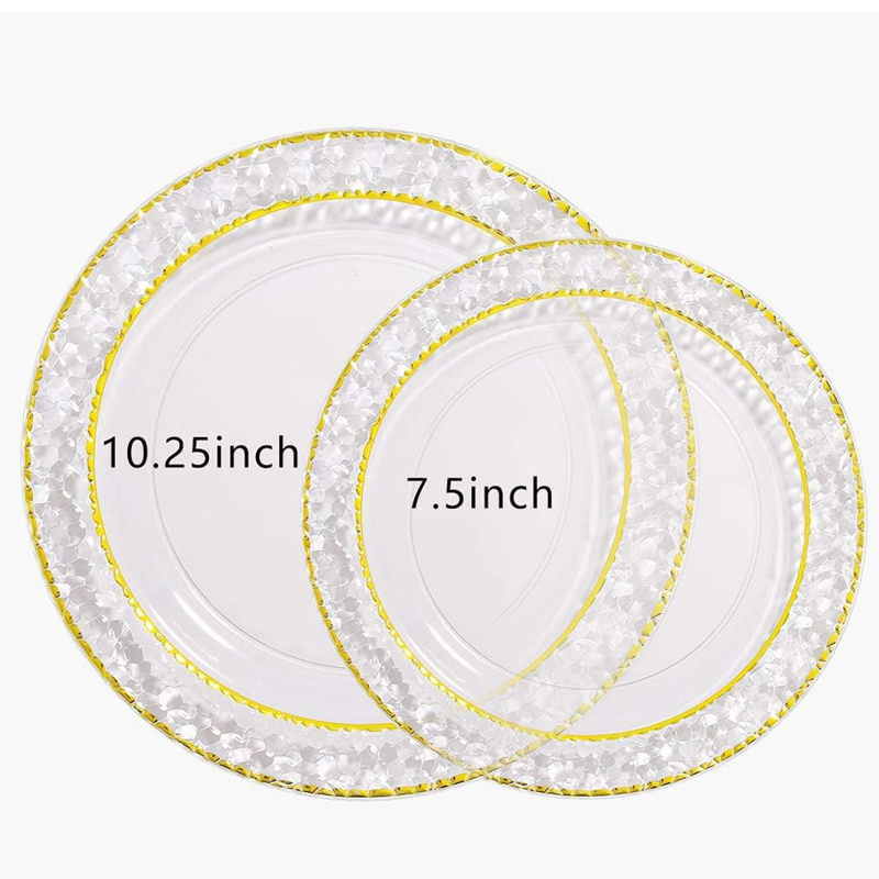 10.25 Inch Dinner Plates 7.5 Inch Salad Dessert Appetizer Plates Clear Plastic Party Plates with Hammered Gold Rim