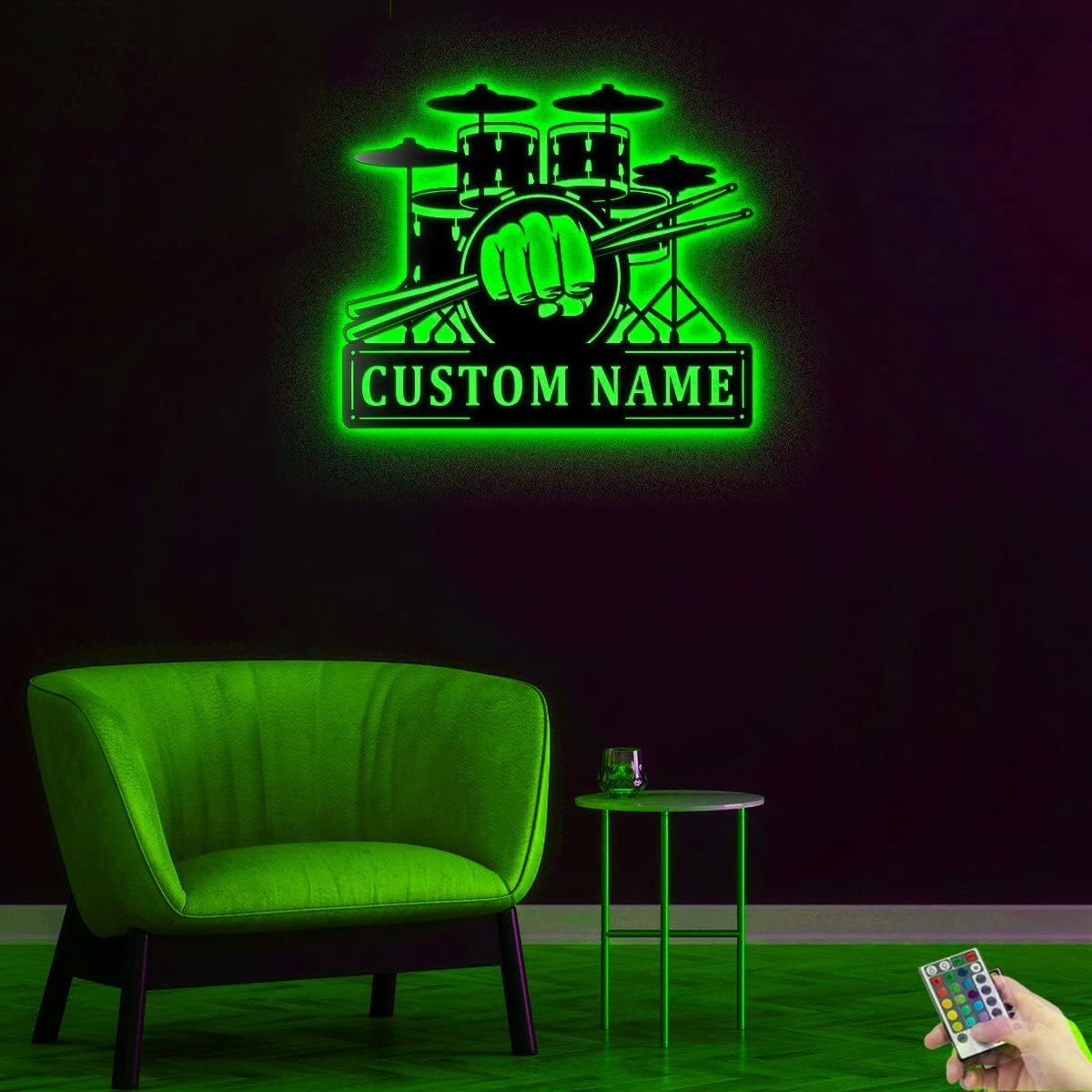 Custom Drum Set Music Monogram Metal Wall Decor With Led Lights, Personalized Drummer Name Wall Art Decoration