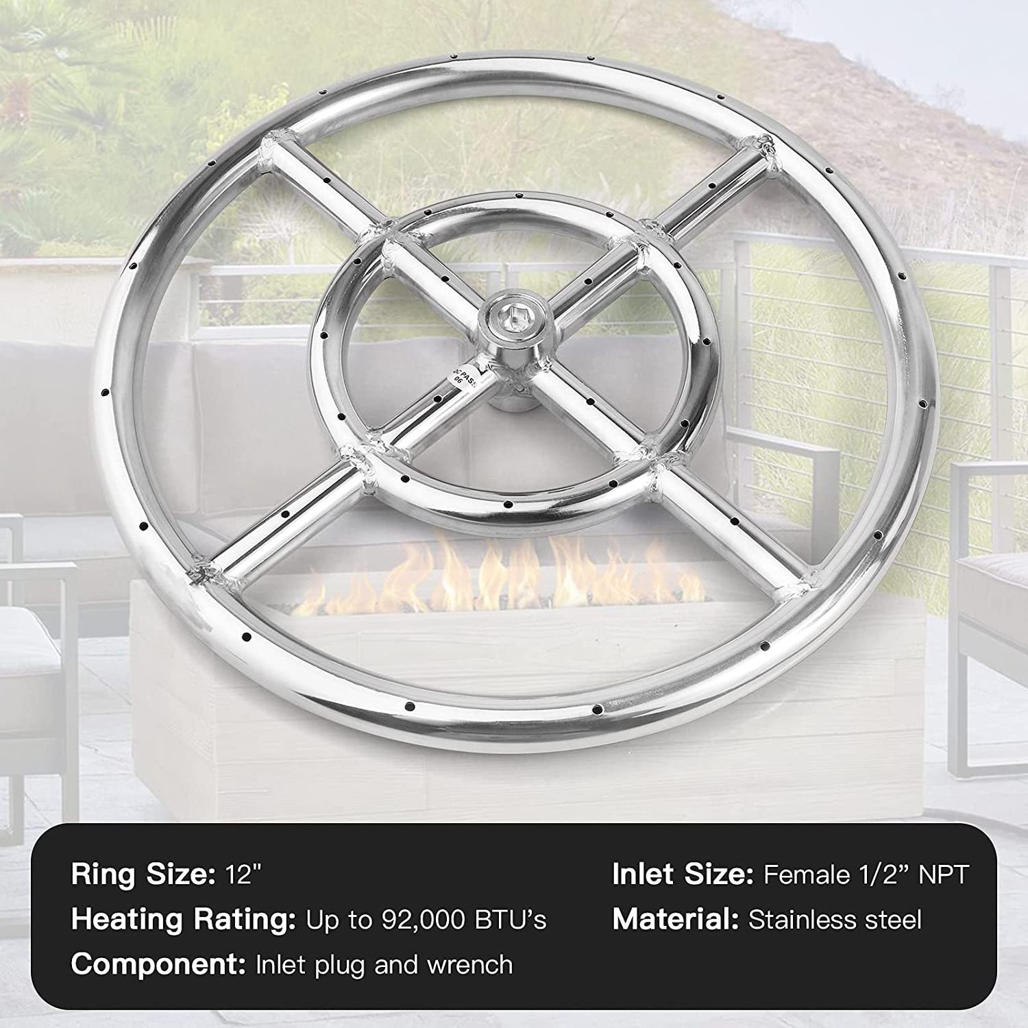 Propane Gas Fire Pit Stainless Steel Burner Ring Installation Kit, 12 inch  Ring Burner for Outdoor  Fireplaces ,Fire Pit