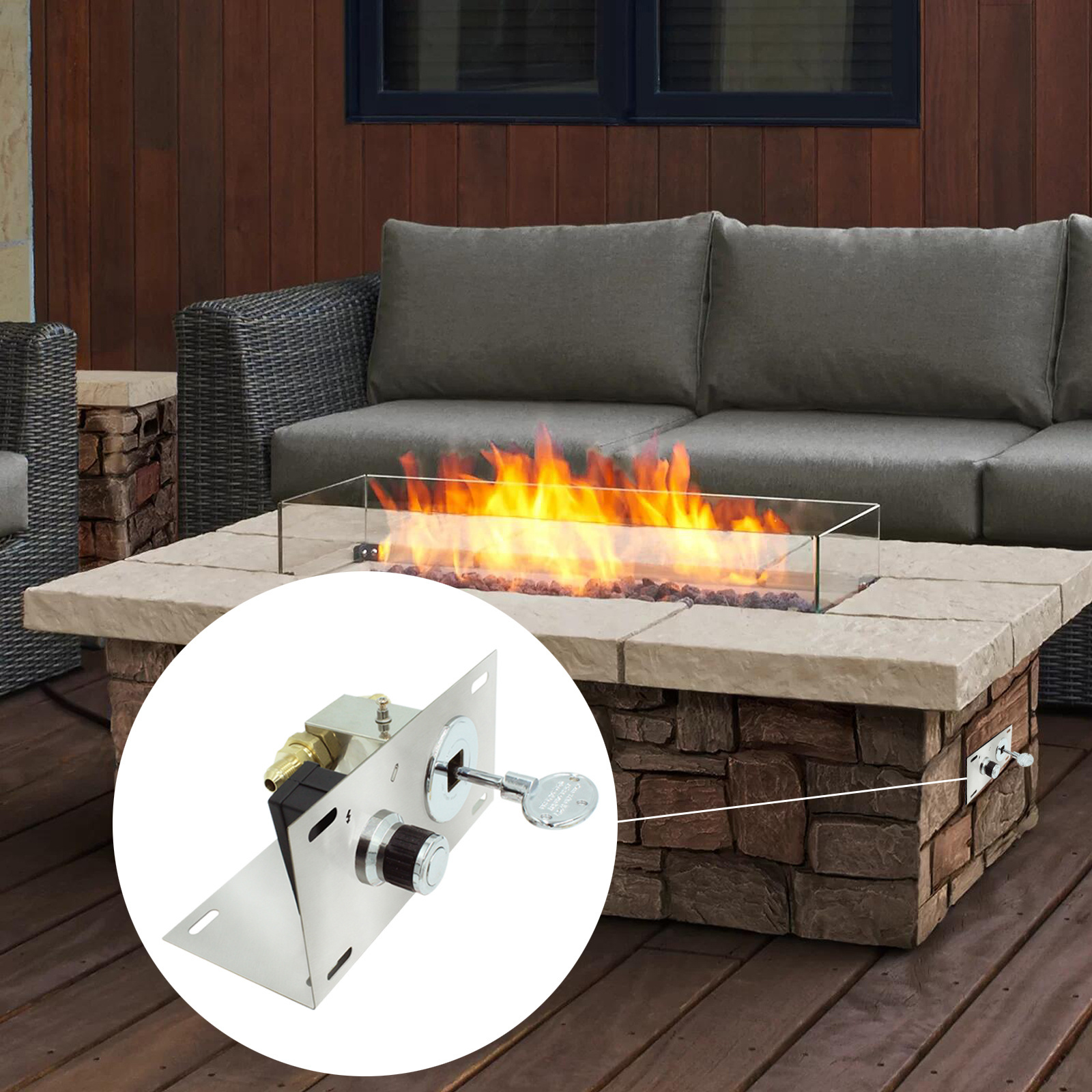 24 x 8 inch Stainless Steel Drop-in Insert Fire Pit H-Shaped Burner Pan with Spark Ignition Kit .Propane Regulator Hose