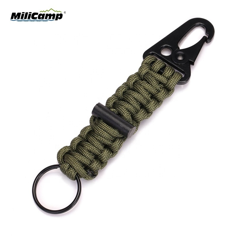 Custom Hiking camping paracord keychain with fire flint, hang metal buckle, key rings