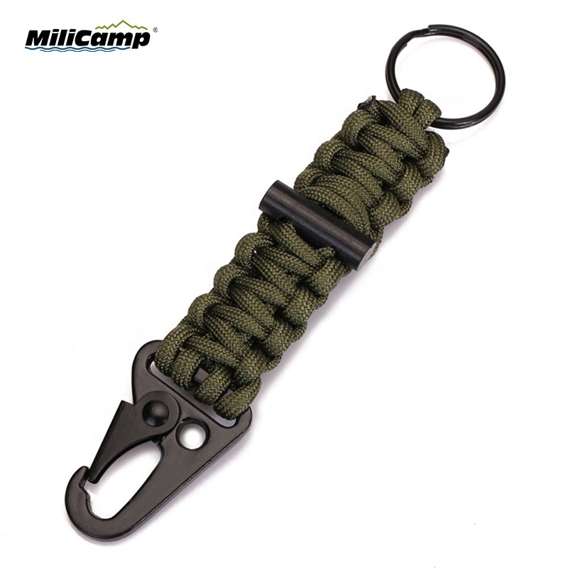 Custom Hiking camping paracord keychain with fire flint, hang metal buckle, key rings