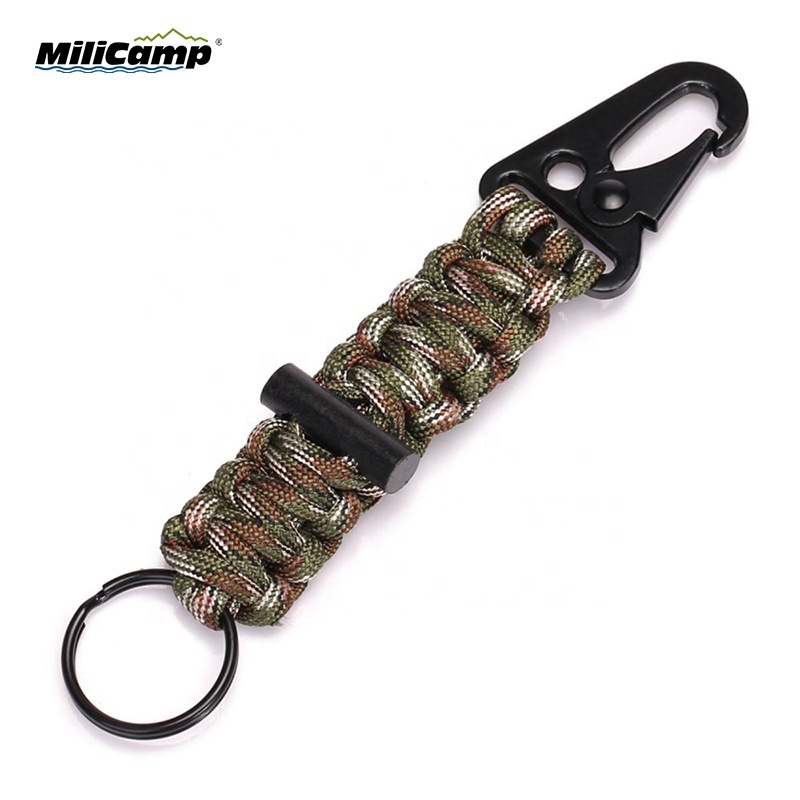 Custom Hiking camping paracord keychain with fire flint, hang metal buckle, key rings